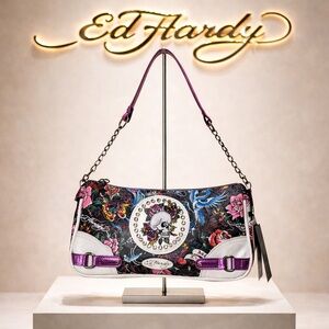Ed Hardy Shoulder / Crossbody Bag Skull Rose Tattoo Print Rhinestone ms Y2K Punk